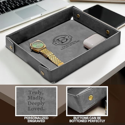 Engraved Father’s Day Leather Valet Tray – Personalized Leather Catch All with Custom Name – Men’s Valet Tray Organizer for Keys, Watches, and Jewelry – Unique Dad Gift from Daughter or Son - Grey