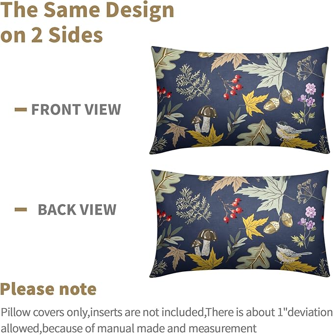 Bird Fall Lumbar Pillow Covers 12x20 Set of 2 Navy Autumn Leaf Animal Print Pillow Cases Mushroom Acorns Outdoor Decorative Holiday Cushion Cover Rustic Decoration Farmhouse Home Sofa Couch Bed Decor