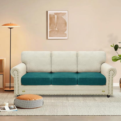 MAXIJIN Velvet Stretch Cushion Covers Fitted Couch Cushion Slipcovers Sofa Seat Cushion Covers for Individual Cushions with Elastic Bottom (3 Piece Sofa Seat Slipcovers, Blackish Green)