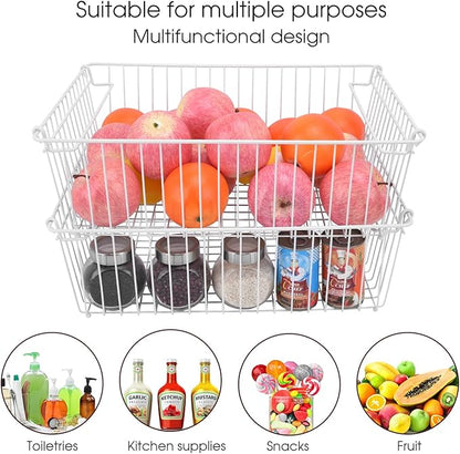 Set of 2 Stackable XXL Wire Baskets For Pantry Storage and Organization -16x12in Large Metal Food Baskets -Vegetable,Fruit,Potato,Onio, Pantry Storage Bins With Handles (White, XXL)