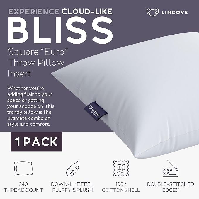 Lincove Euro Throw Pillow Insert Square 18"x18" Pillow – Made in Canada, 100% Cotton Shell, Down Alternative Filling, Vegan-Friendly, Hypoallergenic - Decorative Couch Pillows, 1 Pack