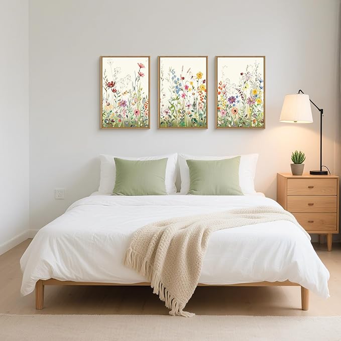 Watercolor Colorful Wildflower Framed Canvas Wall Art Set,Modern Nature Flower Wall Decor,Natural Pink Green Floral Botanical Artwork for Living Room, Bedroom,Farmhouse- 16"x24"x3