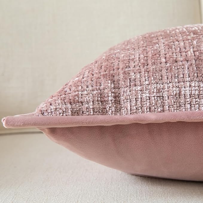 Yaertun Pack of 2 Chenille Textured Decorative Throw Pillow Covers Accent Solid Cushion Cover Soft Cozy Pillow Case with Velvet Back for Couch Sofa Bed Living Room 24x24 Inch Dusty Pink