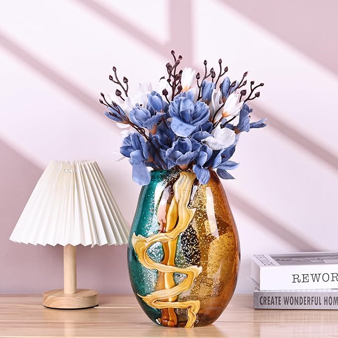 Teal Glass Vase,Hand Blown Green Flower Bulk,Murano Glass Vases,Unique Table Decor, Flowers with Decorative,Teal Vase Decor,for Bookshelf,Living Room,Office,Gift (M)