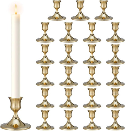 Taper Candle Stick Holder, 24PCS Brass Gold Candle Holders for Candlesticks, Vintage Metal Candlestick Holders for Dinner Room Table Centerpiece or Mantel Wedding Party Decor (24, Gold)