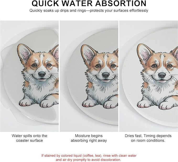 Ceramic Coasters Set of 6 with Holder, Pet Lover Style, Absorbent Drink Coaster Set for Home Decor, Cups, Mugs and Glasses (Ivory Cute Pets)