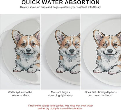 Ceramic Coasters Set of 6 with Holder, Pet Lover Style, Absorbent Drink Coaster Set for Home Decor, Cups, Mugs and Glasses (Ivory Cute Pets)