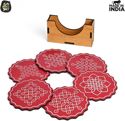 GKD Coaster Set of 6 Fine Art Wooden Coasters with Proper Coaster Stand Coaster Set Fit for Tea Cups, Coffee Mugs and Glasses (3.5 X 3.5 Inch, Fine Design) Red