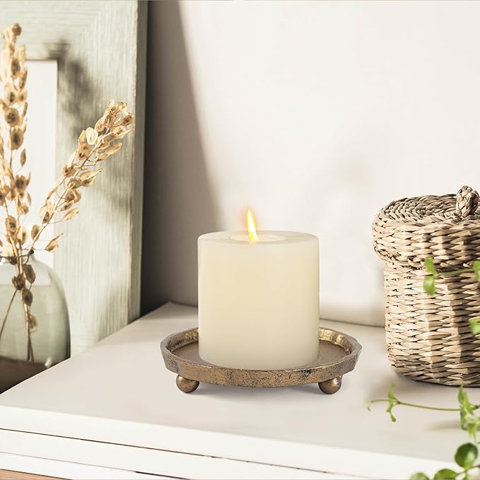 Vintage Cast Iron Pillar Candle Holder Plate, Rustic Brass Candle Tray – Round Candle Base Stand for Small Pillar Candles, Table Centerpiece & Home Decor Accent