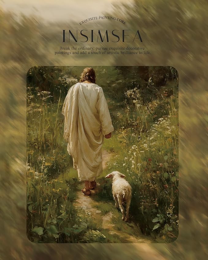 InSimSea Gold Framed Canvas Wall Art Room Decor Christian Jesus Wall Decor for Prayer Room Jesus and Lamb Oil Printing Artwork for Living Room Bedroom Church Home Office 16×13in