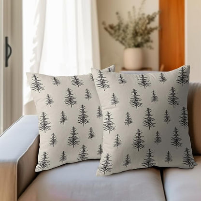 Christmas Tree Pillow Covers 24x24 Set of 2 Black Xmas Vintage Winter Print Decorative Outdoor Linen Zipper Throw Pillows Cases Cushion Cover Rustic Holiday Decoration Farmhouse Sofa Couch Bed Decor