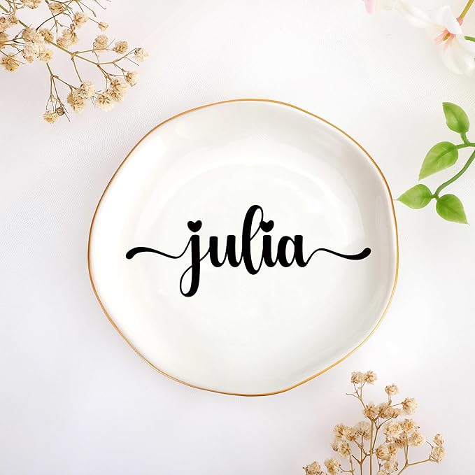 JoycuFF Julia Personalized Name Ceramic Jewelry Tray, Mothers Day Christmas Anniversary Engagement Birthday Gifts for Women Couples, Trinket Dish for Rings Earrings Necklaces Bracelets Keys