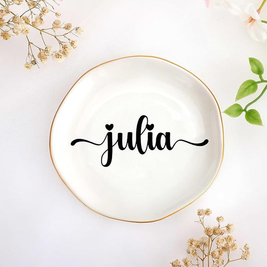 JoycuFF Julia Personalized Name Ceramic Jewelry Tray, Mothers Day Christmas Anniversary Engagement Birthday Gifts for Women Couples, Trinket Dish for Rings Earrings Necklaces Bracelets Keys