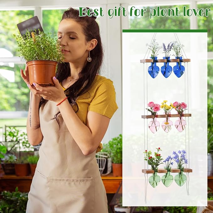Leinuosen Wall Hanging Plant Propagation Stations 3 Tiered Planter Terrarium with Wooden Stand Home Decor Valentines Gifts for Her Hydroponics Plant Lovers - 9 Glass Vases(Heart Shaped,Multicolor)
