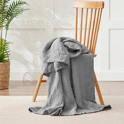 100% Cotton Muslin Blanket Large 50" x 70", 6 Layers Breathable and Lightweight Cotton Throw Blanket for Bed and Couch, Soft Quilt Bedspread, Gauze Blanket for Adults All Season, Grey