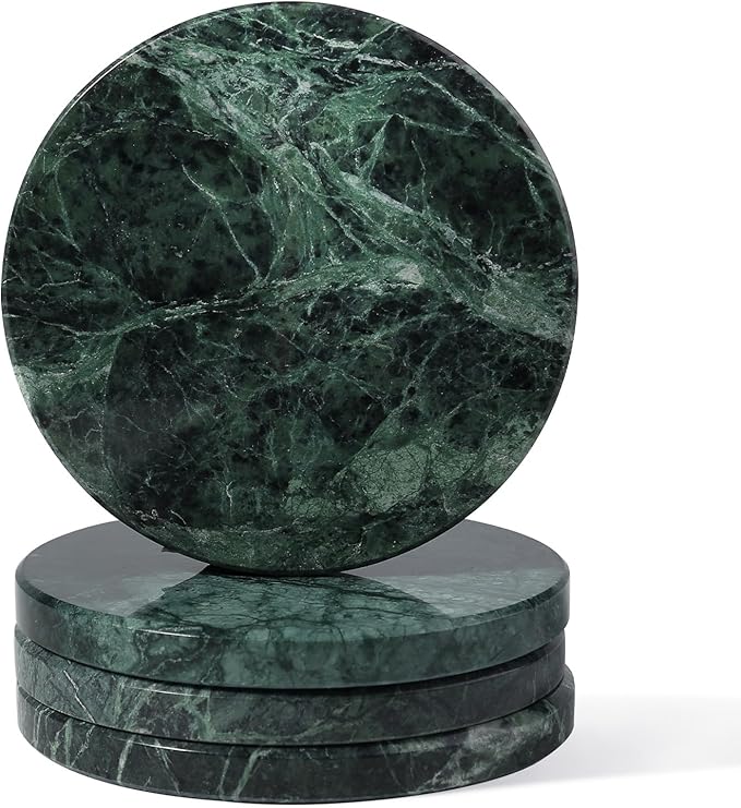 Koville Marble Coaster Set of 4, Round Coasters, 4" Stone Coaster for Drinks Coffee, White Marble Coasters for Coffee Table Home Bar Decor, Heat Resistant, Gift Choice(Green)