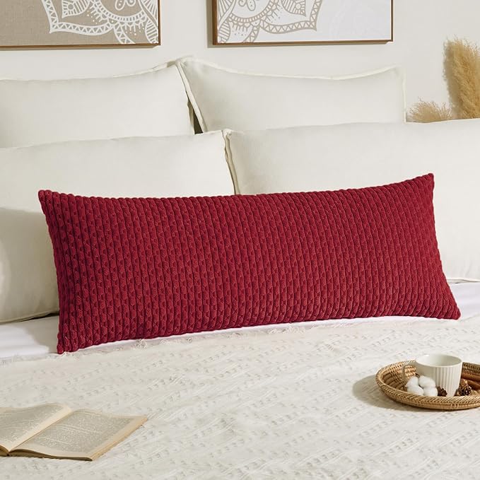 Kevin Textile 20x54 Inch Long Body Lumbar 1 Pack Boho Decorative Throw Pillow Cover Soft Striped Corduroy Rectangle Cushion Case Farmhouse Accent for Living Room Couch Sofa Bed, Burgundy
