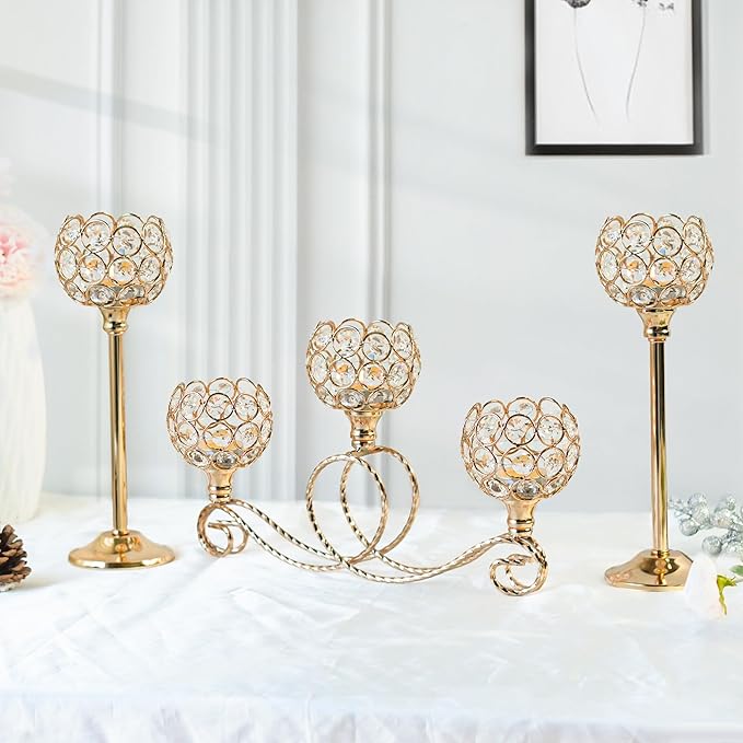 Gold Set of 6 Metal Crystal Tea Light Candle Holder, Elegant Wedding Table Centerpiece Candle Holder, Christmas Wishing Crystal Bowl Candle Holder Suitable for Wedding Party Living Room Decoration