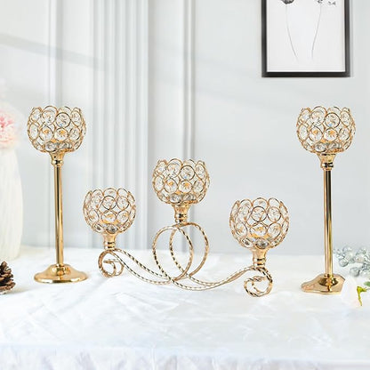 Gold 5 Arm Metal Crystal Tea Light Candle Holder, Elegant Wedding Table Centerpiece, Christmas Wishing Bowl Candle Holder
