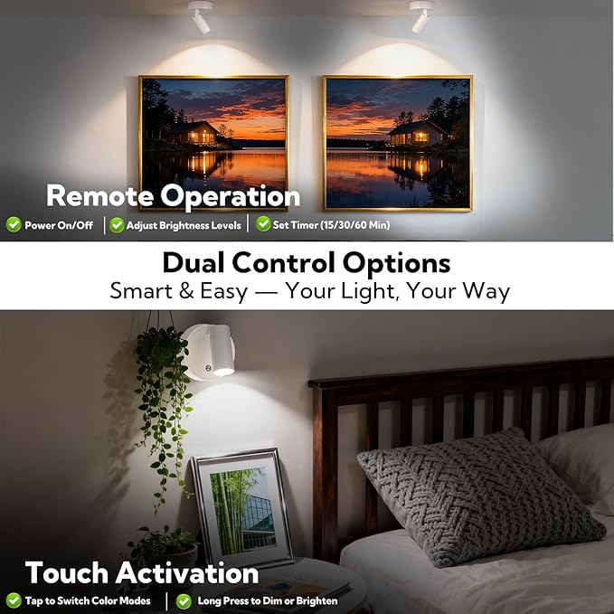4 Pack Spotlights Indoor with Remote, Rechargeable Picture Lights, Wireless LED Uplighting with Dimmable 3CCT Modes, Display Lights for Artwork, Plant, Painting, and Accent Lighting, White