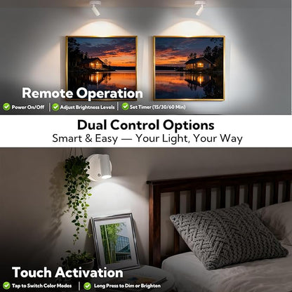 4 Pack Spotlights Indoor with Remote, Rechargeable Picture Lights, Wireless LED Uplighting with Dimmable 3CCT Modes, Display Lights for Artwork, Plant, Painting, and Accent Lighting, White