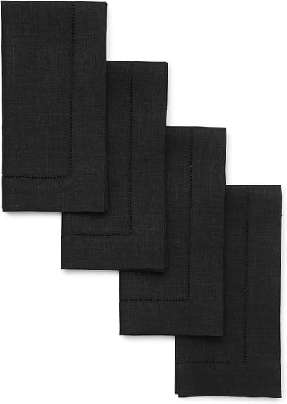Solino Home Black Linen Napkins Set of 4-100% Pure Linen Hemstitch Dinner Napkins 20 x 20 Inch for Winter, Holiday, New Year - Classic Hemstitch