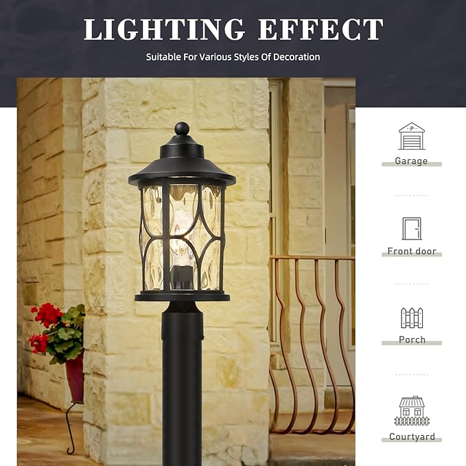 zeyu 17 Inch Black Outdoor Post Lights, Modern Exterior Pole Light, Lamp Posts Outdoor Lighting for Garden Patio, Die-Cast Aluminum with Clear Water Ripple Glass, ZX48MP-WG BK