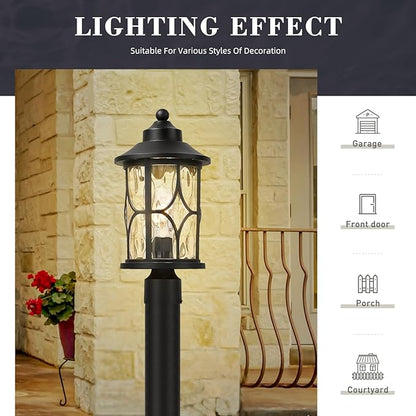 zeyu 17 Inch Black Outdoor Post Lights, Modern Exterior Pole Light, Lamp Posts Outdoor Lighting for Garden Patio, Die-Cast Aluminum with Clear Water Ripple Glass, ZX48MP-WG BK