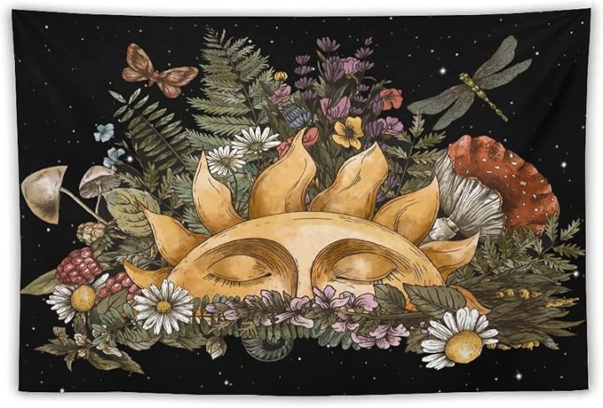 Vintage Sun Tapestry,Boho Hippie Mushroom Starry Floral Forest Plant Tapestries Wall Hanging for Dorm Living Room Bedroom Home Decor(40"x60")