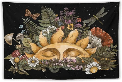 Vintage Sun Tapestry,Boho Hippie Mushroom Starry Floral Forest Plant Tapestries Wall Hanging for Dorm Living Room Bedroom Home Decor(40"x60")