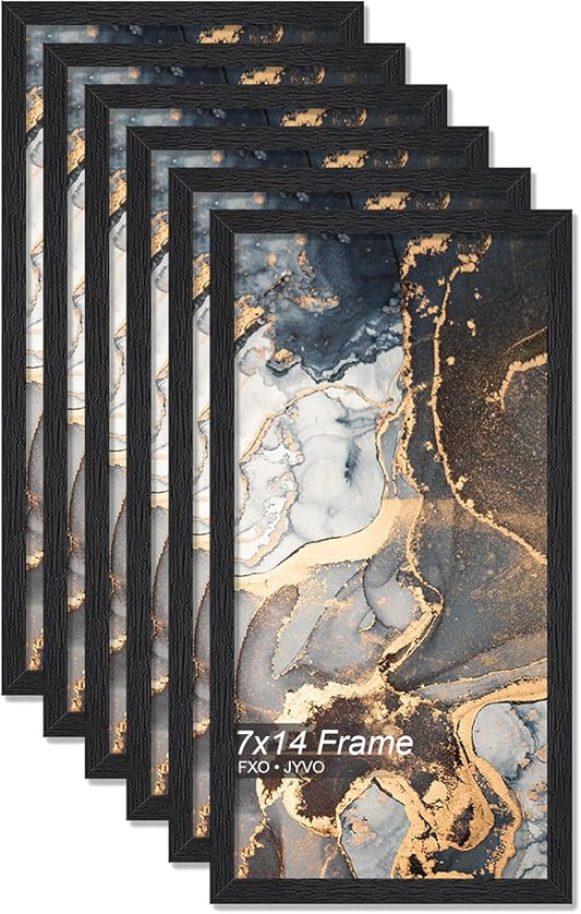 Engineered Wood 7x14 Picture Frame Set of 6, Black Frame for 7 x 14 Inch Picture Poster Photo, Light Weight 7 by 14 Frame with Wood-grain for Wall - 6 Pack/Black/7"x14"