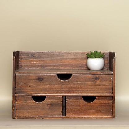 Vintage Rustic Brown Wooden 3 Drawer with Shelf Office Desk Organizer & Mail Rack For Desktop,Box for Office Home Toiletries Supplies Vanity, No Assembly Required (Brown)
