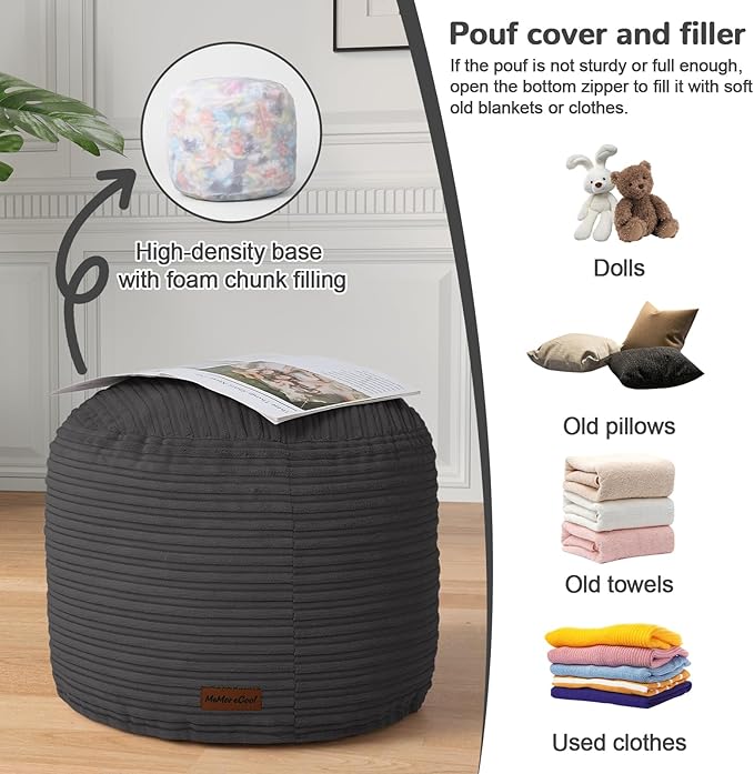MeMoreCool Stuffed Round Pouf Ottoman Foot Rest, Soft Plush Floor Pouf Foot Stool, Corduray Footstool Footrest, Small Round Ottoman for Living Room Couch Sofa Chair, 20x15 Inch Grey