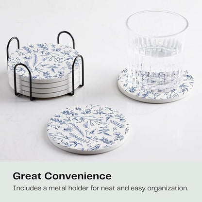 Set of 6 Floral Blue and White Coasters with Holder, Absorbent Ceramic Drink Coasters with Cork Backing for Table Protection, Coffee Table Décor