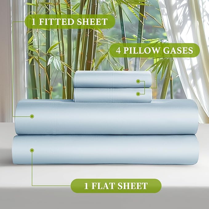 Shilucheng 100% Viscose Derived from Bamboo_ Sheets Queen Size 6pcs - Ultra Cooling & Silky Soft Bed Sheets, 16" Deep Pocket, Perfect for Hot Sleepers, Hotel Bedding Sheets (Teal Blue)