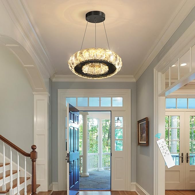Crystal Round Chandelier Modern LED Dining Pendant Lights for Kitchen Island Dining Room Remote Dimmable Hanging Light Entrance Bedroom Lighting Black