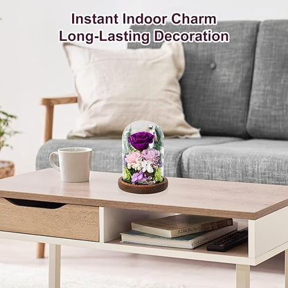 Preserved Flowers in Glass Dome, Forever Flower, Eternal Flowers, Birthday Gifts for Women, Gifts for Mom Girlfriend Her Friendship, Home Decor Living Room Bedroom (Mauve)