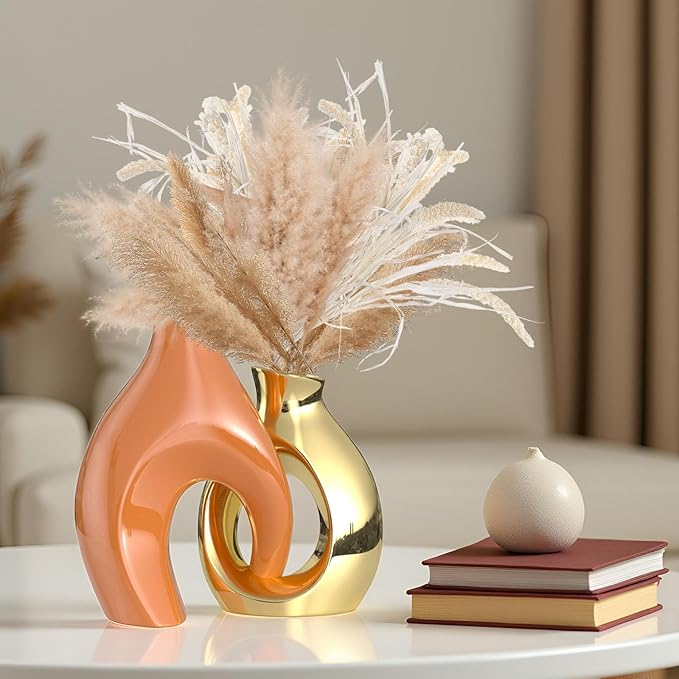 Orange Gold Modern Abstract Ceramic Vases for Home Decor,Nordic Snuggle Hollow Design for Flowers Pampas Grass Decorative,for Living Room Coffee Table Centerpiece,Entrance,Console (Orange)