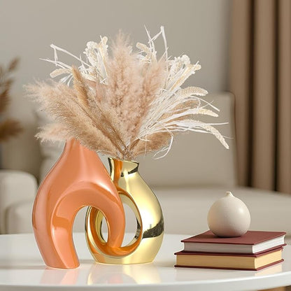 Orange Gold Modern Abstract Ceramic Vases for Home Decor,Nordic Snuggle Hollow Design for Flowers Pampas Grass Decorative,for Living Room Coffee Table Centerpiece,Entrance,Console (Orange)