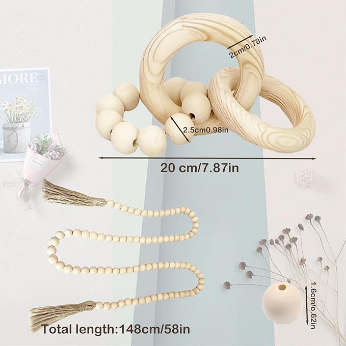 2 pcs Decorative Wood Knot Link Chain and Bead Decor, Natural Wooden Knot Decor for Coffee Table Farmhouse Decortive for Home Boho Modern Shelf Decortion(Natural)