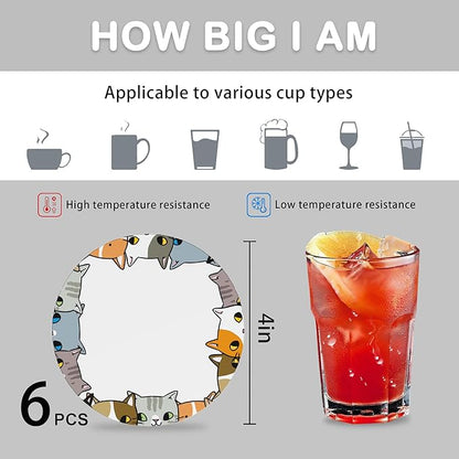 Cute Cat Dog Set of 6 Coasters for Drinks Absorbing Round Ceramic Stone Coaster with Cork Base,Tabletop Protection Mat for Mugs and Cups,Office,Kitchen
