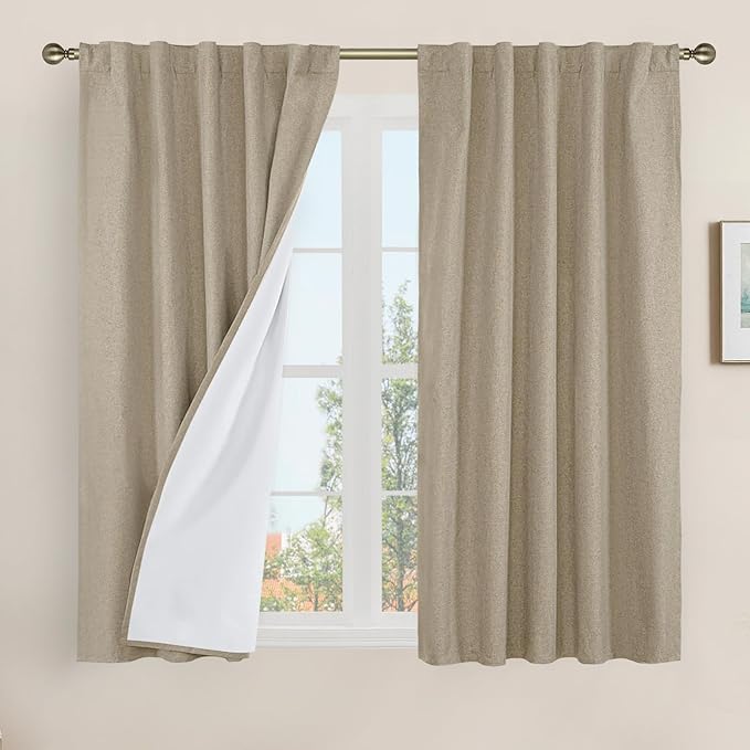LAMIT Natural 100% Blackout Linen Curtains, 48 Inches Linen Textured Thermal Bedroom Curtains Back Tab and Rod Pocket Neutral Panels with White Liner for Farmhouse, 2 Panels, 42 x 48 Inch, Taupe