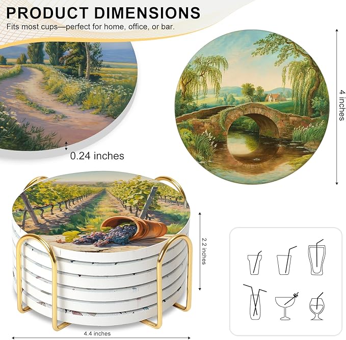 Ceramic Coasters Set of 6 with Holder, Farmhouse Style, Absorbent Drink Coaster Set for Home Decor, Cups, Mugs and Glasses (Golden Farm Scene)