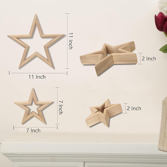 LOSOUR Set of 2 Natural Wood Decor Stars - Coffee Table Decor, Centerpiece, TV Stand, Bookshelf, Desk, Tiered Tray for Living Room, Bedroom, Office