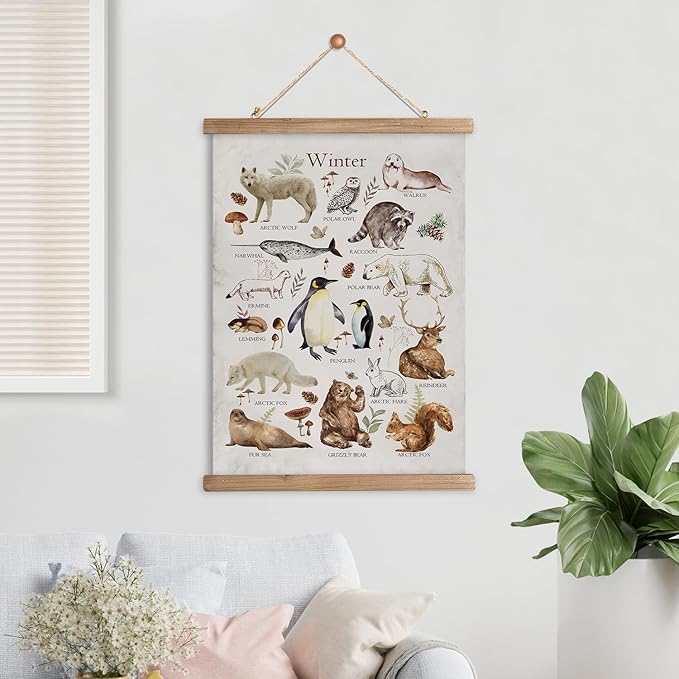 XIAOAIKA Winter Wildlife Educational Poster - Illustrated Arctic Animals Chart with Wooden Frame - Seasonal Nature Wall Art for Classroom, Home, or Nature Center 16 x 23 Inches