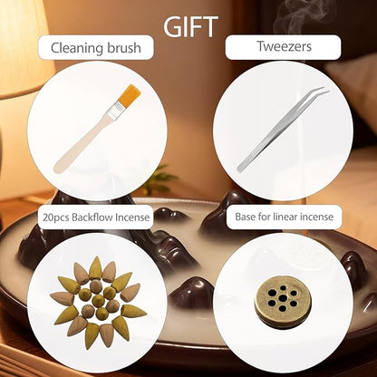 Backflow Incense Burner,Incense Holder,Ceramic Incense Burner with 20 Backflow Incense Cones,Tweezers and Brush