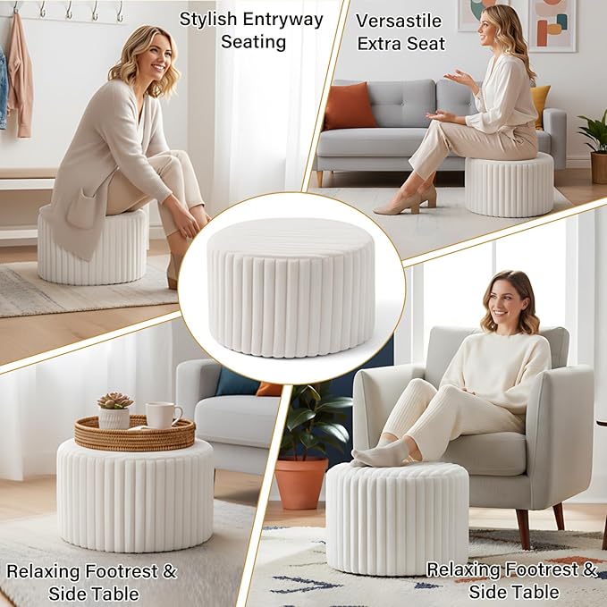 LITA Round Stuffed Pouf Ottoman, Corduroy Poufs with High-Density Foam Filling and Washable Cover, Furry and Fluffy Bean Bag Foot Stools Ottoman for Living Room, Bedroom, Office, Beige, Round