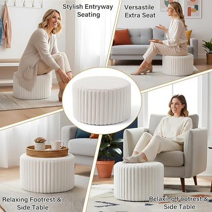 LITA Round Stuffed Pouf Ottoman, Corduroy Poufs with High-Density Foam Filling and Washable Cover, Furry and Fluffy Bean Bag Foot Stools Ottoman for Living Room, Bedroom, Office, Beige, Round