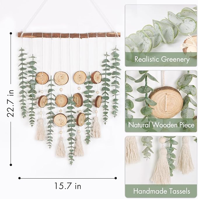 Artificial Eucalyptus Wall Hanging Decor - Fake Eucalyptus Greenery Leaves Stems Wall Hanging Plants with Wooden Stick Boho Rustic Farmhouse Decor for Bathroom Bedroom Office Living Room