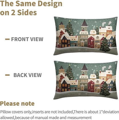Christmas Snoflake Pillow Covers 12x20 Set of 2 Green House Throw Pillow Covers Winter Pillowcase Linen Decoration Farmhouse Cozy Soft Cushion Case Couch for Indoor Outdoor Home Decor